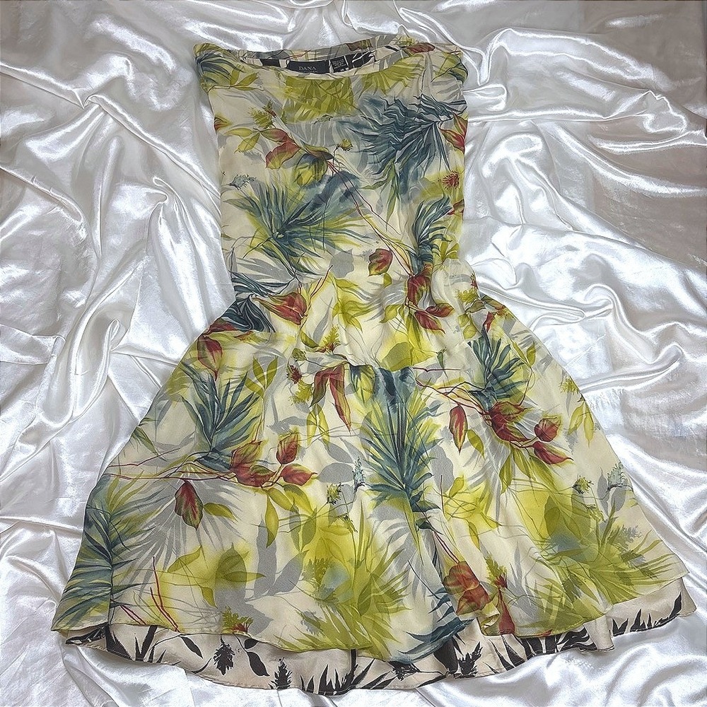 Vintage silk Skirt Green Dana Buchman Silk Tropical Leaf Print Layered 16